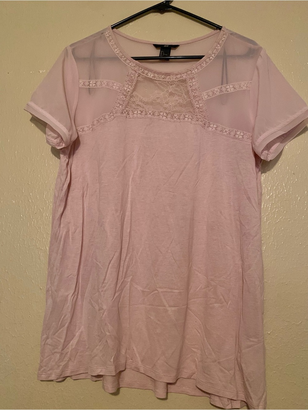 H&M Pale Pink Lace Yoke Short Sleeve Top (L)